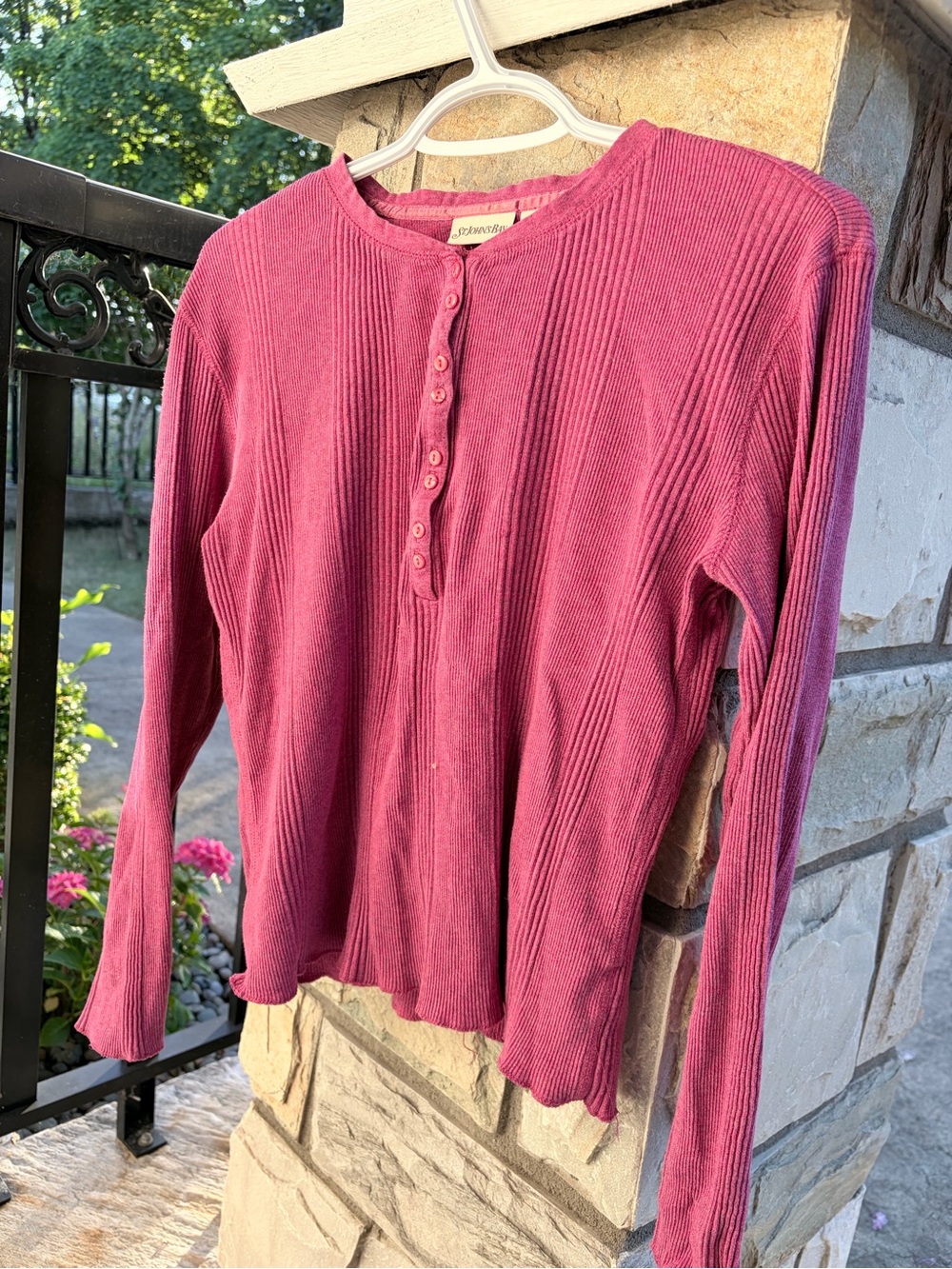Vintage Berry Pink Ribbed Henley Long Sleeve Top